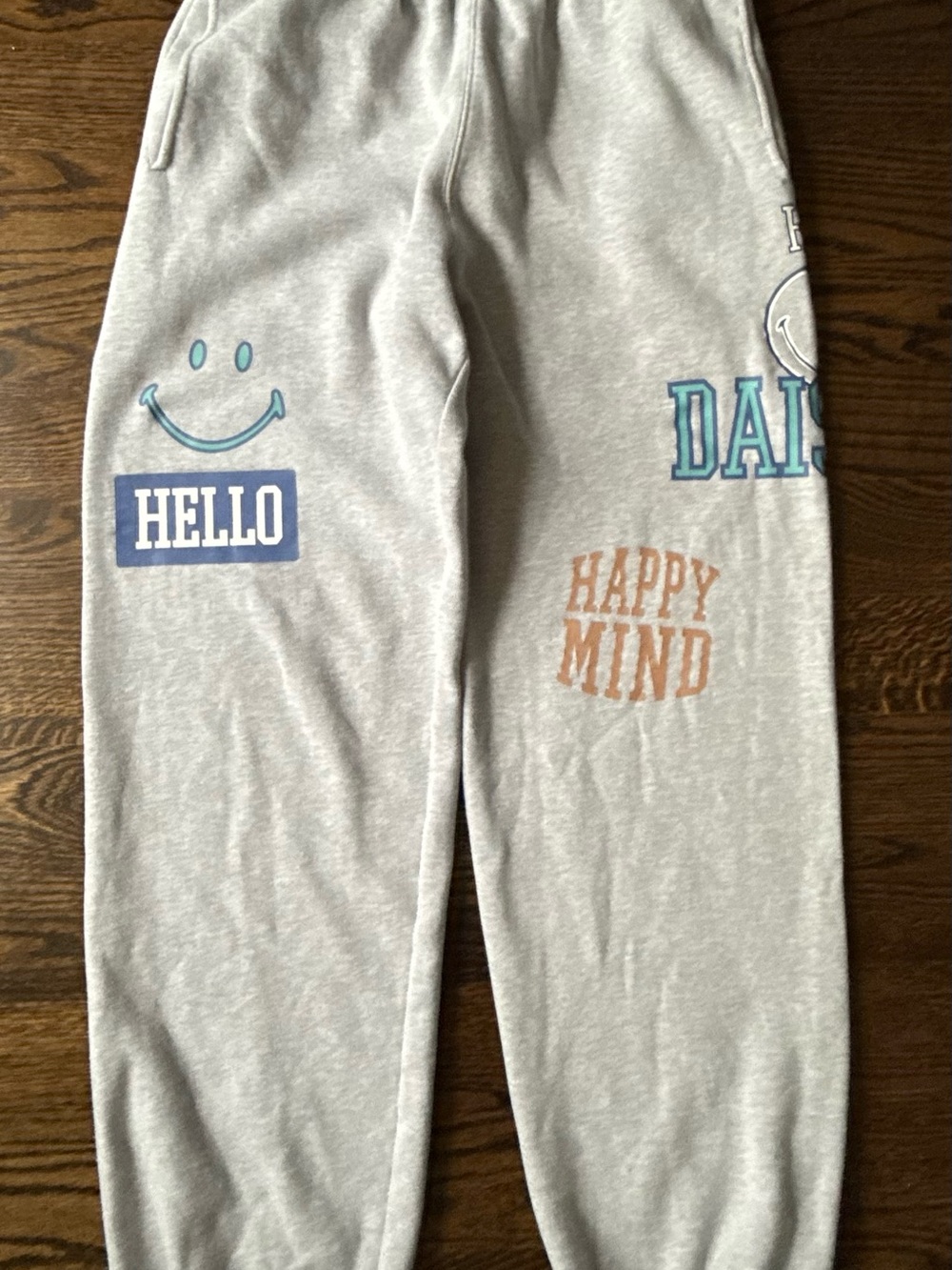 PacSun Light Gray Jogger Sweatpants with Blue and Tan Graphics
